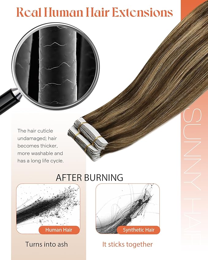 Sunny Hair Tape in Hair Extensions Human Hair 18 Inch Hair Extensions Real Human Hair Tape in Extensions for Women Medium Brown Highlights Caramel Blonde Remy Hair Straight Skin Weft 40pcs 100g