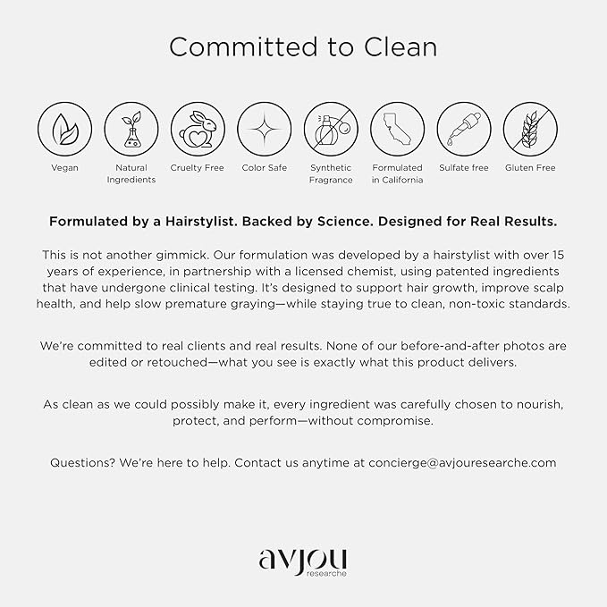 Avjou Researche™ Scalp Serum – Thicker, Fuller-Looking Hair + Targets Visible Signs of Premature Greying – 3 Patented Ingredients – Backed by Cosmetic Science – Oil-Free, All Hair Types, 1.7 oz