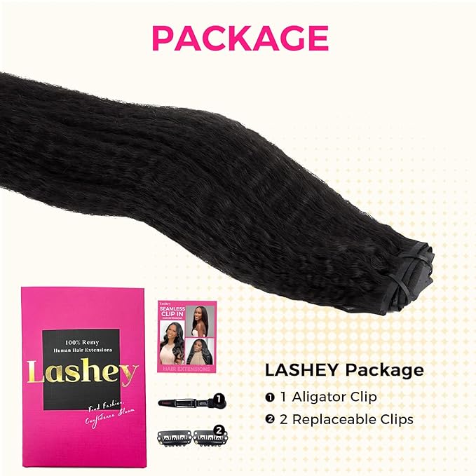 Lashey Seamless Clip in Hair Extensions Human Hair #1 Jet Black Kinky Straight Clip in Hair Extensions Real Human Hair 7pcs 110g 20 Inch PU Weft Natural Hair Extension for Women