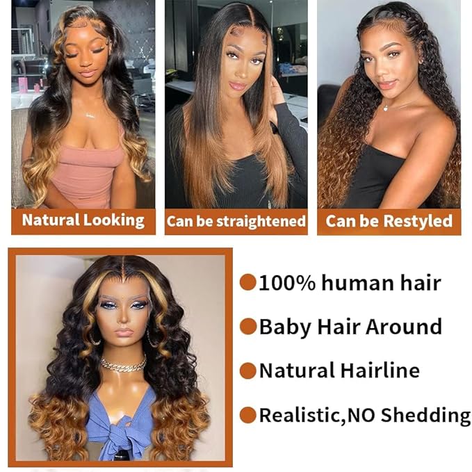 250% Density 13x6 Lace Front Wigs Human Hair Pre Plucked Body Wave HD Transparent Ombre Lace Front Wigs Glueless Wigs Human Hair 13x6 Balayage Wigs Human Hair Wigs 1B30 For Women 28inch