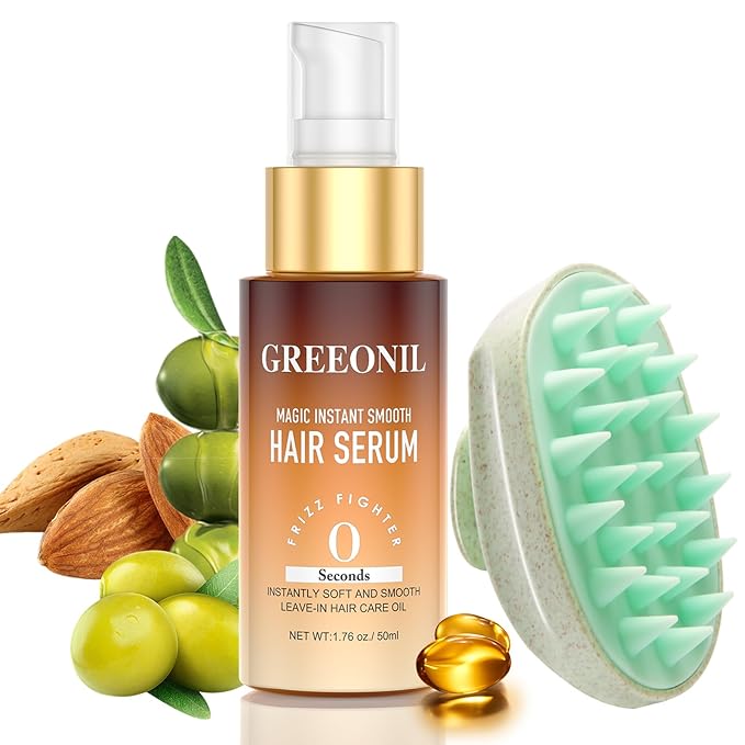 Hair Serum for Frizzy Hair with Hair Scalp Massager Shampoo Brush - Anti Frizz Serum Shine and Gloss Treatment with Marula Oil, Squalane, Vitamin E, Olive, For All Hair Types