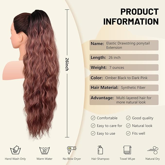 LEEONS 26 inch Drawstring ponytail Extension, Long Wavy pony tails hair extensions for Women - Synthetic Hairpiece Ponytail for Daily Use (Omber Black to Dark Pink)