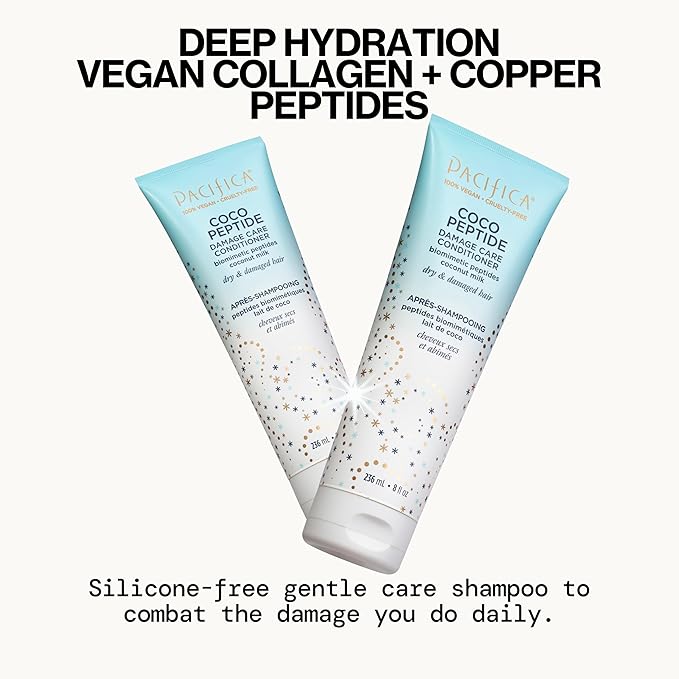 Pacifica Coco Peptide Damage Care Shampoo & Conditioner Set – Repairing Hair Care for Dry Damaged Hair Vegan Collagen & Peptides for Split Ends & Breakage Sulfate Free Clean Vegan Dermatologist Tested
