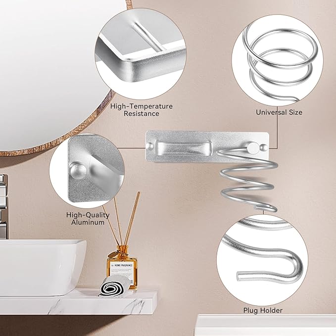 YUET Hair Dryer Holder Hairdryer Station Wall Mounted Spiral Shelf Bracket Stand Hanger Straightener Organizer Blow Storage with Holes Rack For Bathroom Aluminum Professional (Silver)