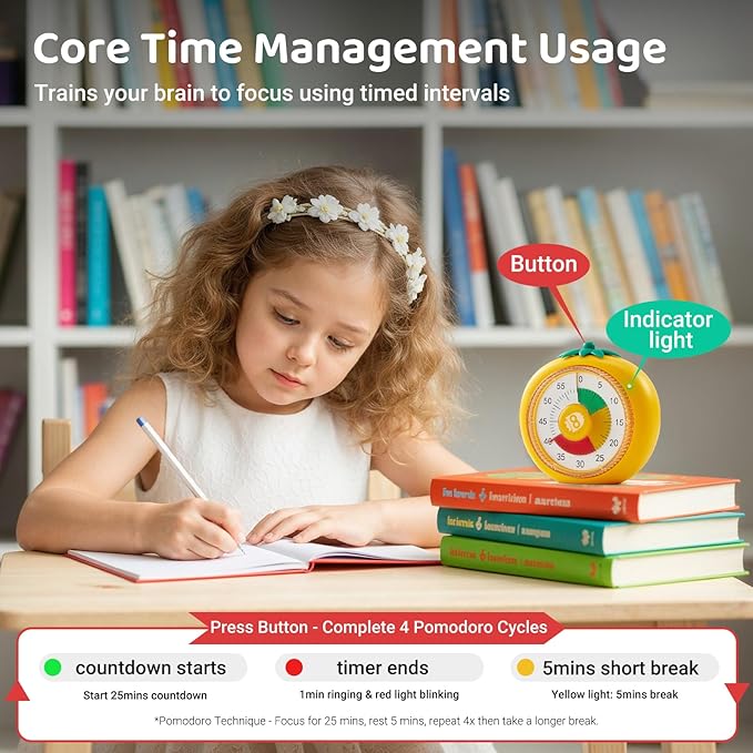 Visual Timer for Kids, 60-Minute Countdown Timers for Classroom Office Kitchen with Silent Operation, Kids Timer for Teaching with Cute Design, 4-Color Zone Pattern Pomodoro Timers