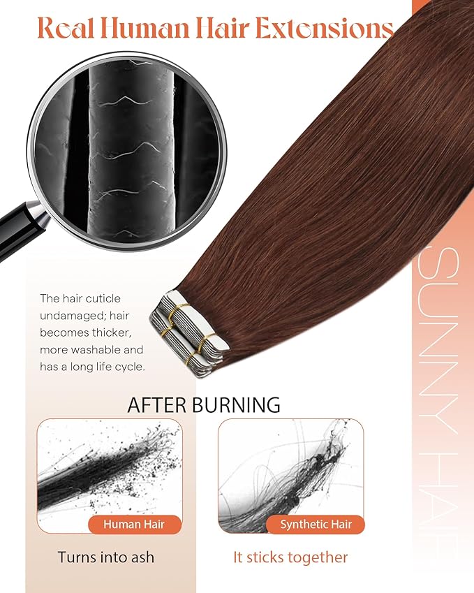 Sunny Hair Tape in Hair Extensions Real Human Hair Invisible Remy Hair Extensions Tape ins for Women Auburn Brown 14 inch 20Pcs 50G