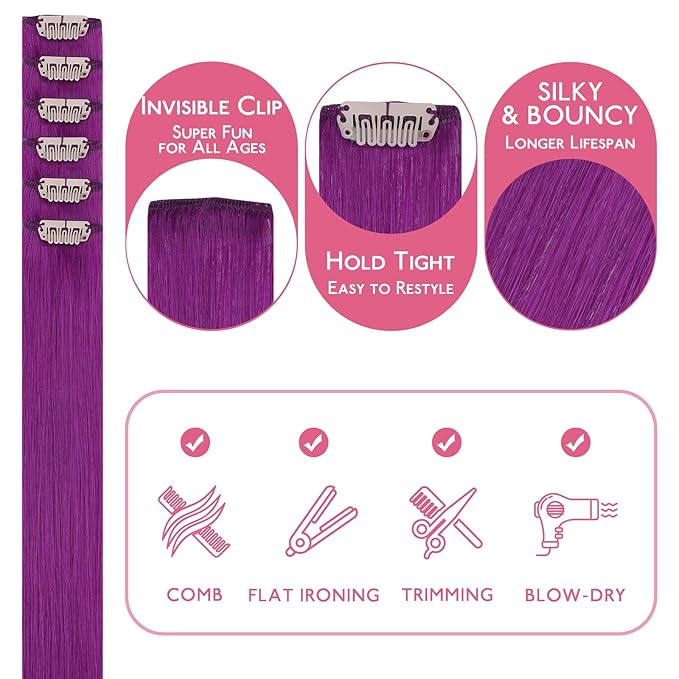 WENNALIFE Purple Clip in Hair Extensions Real Human Hair 35g 6pcs 14 Inch Colored Hair Extensions for Kids Women Colorful Hair Pieces Pop-up Style Straight Extensiones De Cabello Humano Con Clip