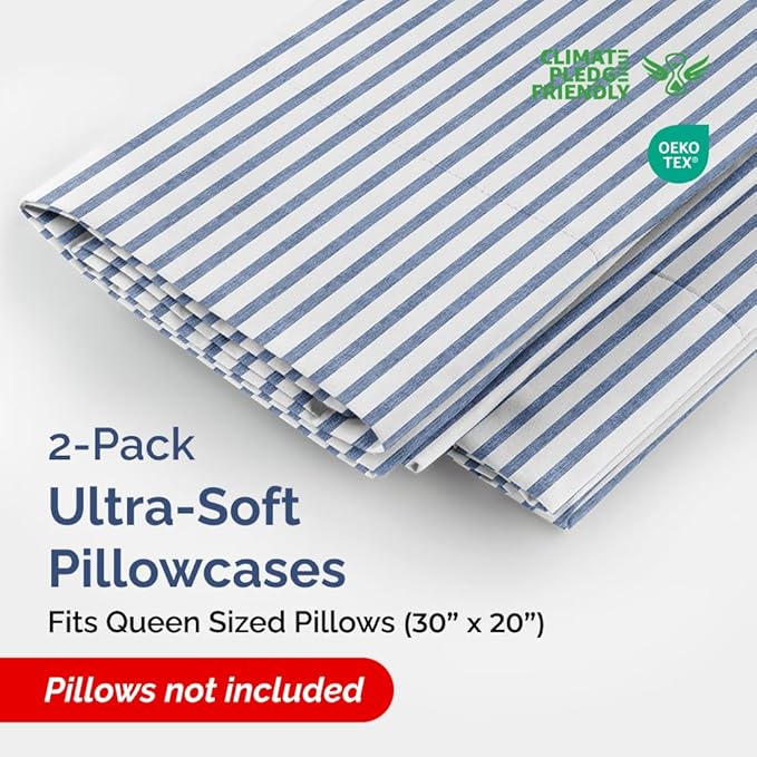 Queen Pillow Cases Set of 2 - Ultra Soft Hotel Quality Pillowcase Covers - Comfy, Cozy & Wrinkle Free - Shrinkage and Fade Resistant - Machine Washable Pillow Protectors - 2 Piece Set - Blue Stripes 2