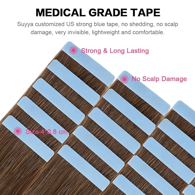 SUYYA Tape in Hair Extensions Human Hair Chestnut Brown 100% Remy Human Hair 20 inches 20pcs 50g/pack Straight Seamless Skin Weft Tape in Extensions(20 inches #6 Medium Brown)