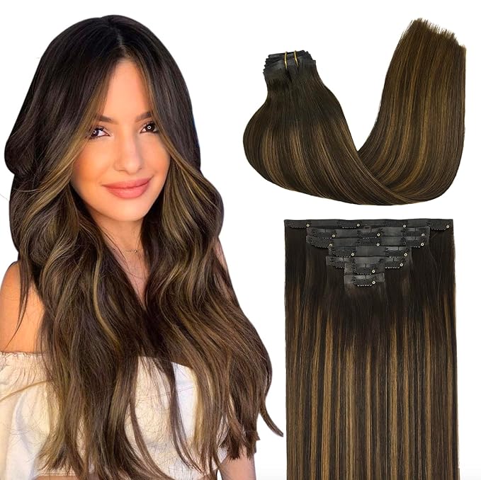 GOO GOO Clip in Hair Extensions Real Human Hair, Remy Human Hair Extensions Clip ins for Women, Natural Human Hair, 22inch 160g 7Pcs, #2/6/2 Balayage Dark Brown to Chestnut Brown
