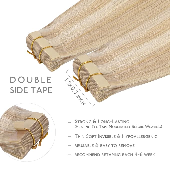 WENNALIFE Tape in Hair Extensions Human Hair, 20pcs 50g 22inch Dirty Blonde Highlighted Bleach Blonde Remy Hair Extensions Straight
