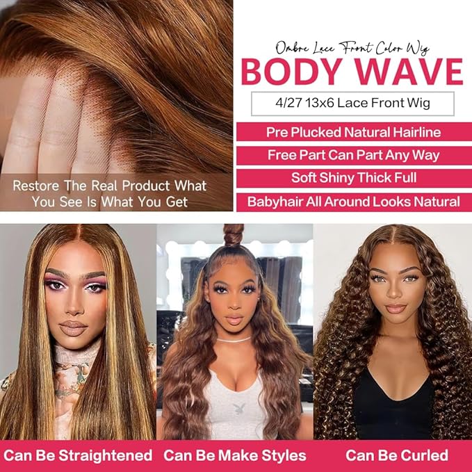 30 Inch Honey Blonde Ombre Lace Front Wig Human Hair 13x6 HD Lace Front Wig 4/27 Highlight Ombre Body Wave Lace Frontal Glueless Wigs Pre Plucked with Baby Hair