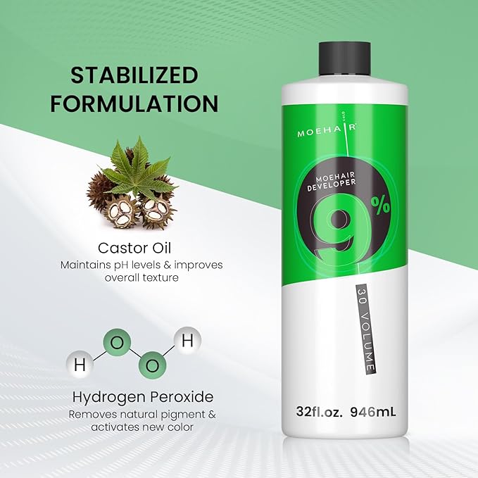 MOEHAIR Hair Color Developer 9% Hydrogen Peroxide | 30 Volume Creme Developer for Hair Coloring and Bleaching | Lifts up to 4 Levels | Offers Gray Coverage | Paraben-Free | Peach Fragrance – 32 Fl. Oz