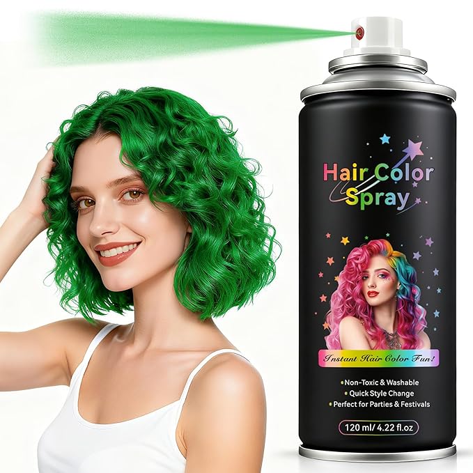 Temporary Hair Color Spray - Instant Washable Hair Dye for Kids & Adults, Non-Toxic & Non-Sticky Formula for Halloween, Cosplay, Parties & Festivals - Lasts All Day, Easy Wash Out - 4.22 fl oz (Green)