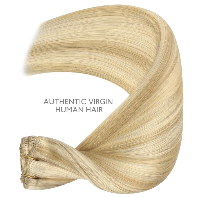 WENNALIFE Clip in Human Hair Extensions, 14 Inch 120g 7pcs Light Blonde Highlighted Golden Blonde Hair Extensions Clip In Human Hair Remy Real Human Hair Double Weft