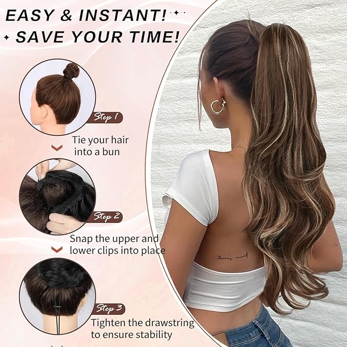 Ponytail Extension, 26 Inch Drawstring Ponytail Extension for Women Long Wavy Layered Pony Tails Hair Extensions Synthetic Clip in Ponytail Hairpiece for Women(8/24)