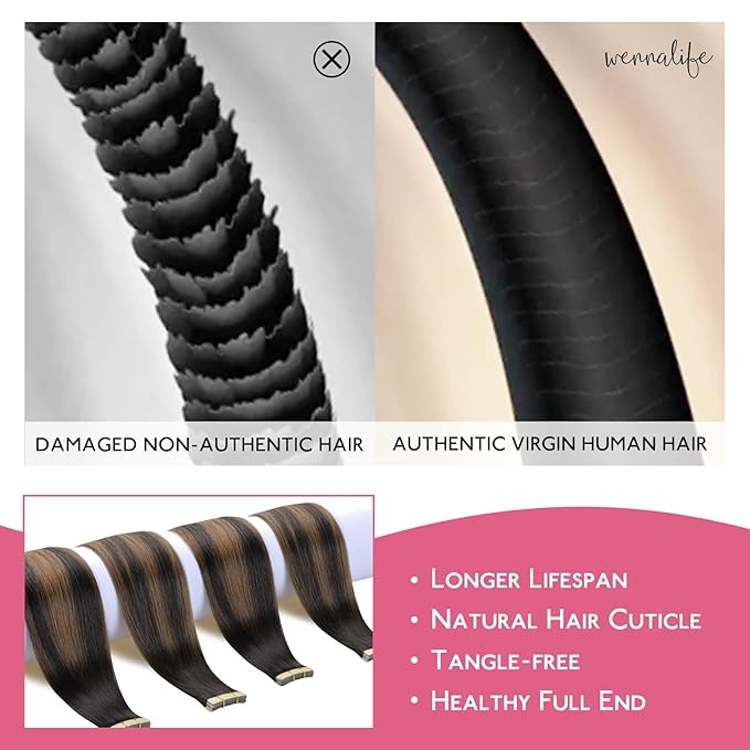 WENNALIFE Tape in Hair Extensions Human Hair Balayage Dark Brown Mixed Chestnut Brown Tape in Extensions, 10pcs 30g 24 inch Remy Invisible Tape Ins Straight Soft Real Human Hair Tape in Extensions