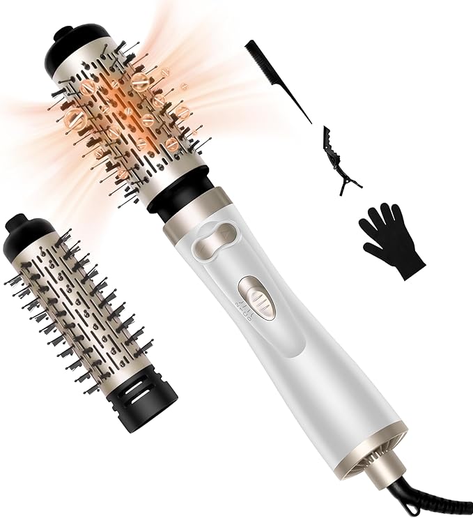 Hair Dryer Brush, 3-in-1 Rotating Round Hot Air Spin Brush Set with 2 Brushes (2" & 1.5"), Negative Ionic Blow Volumizer, 2 Detachable Auto-Rotating Curling Brush, Blow Dryer Brush,Dry as You Style