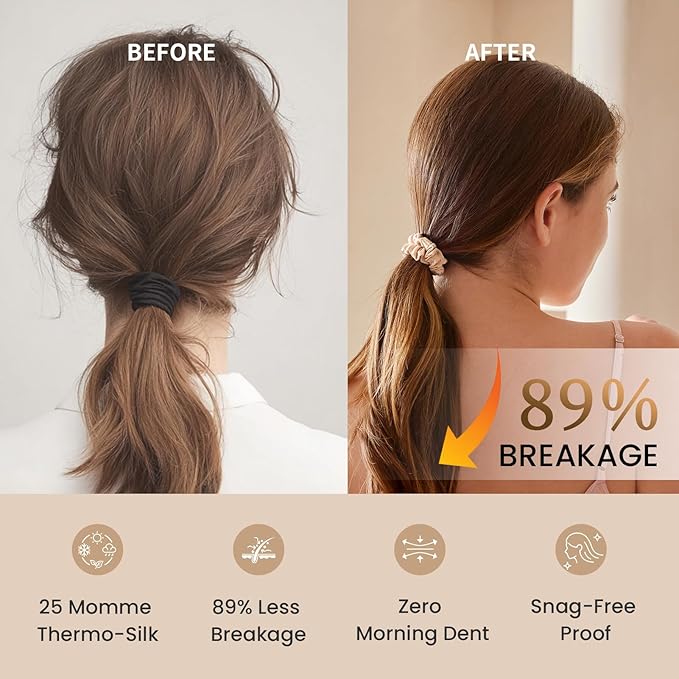 THXSILK 100% Mulberry Silk Scrunchies 3-Pack, 25 Momme Mulberry Silk Hair Ties for Women, Sleek Low Profile No Damage Ponytail Holders, for Fine Hair & Everyday Use, Beige