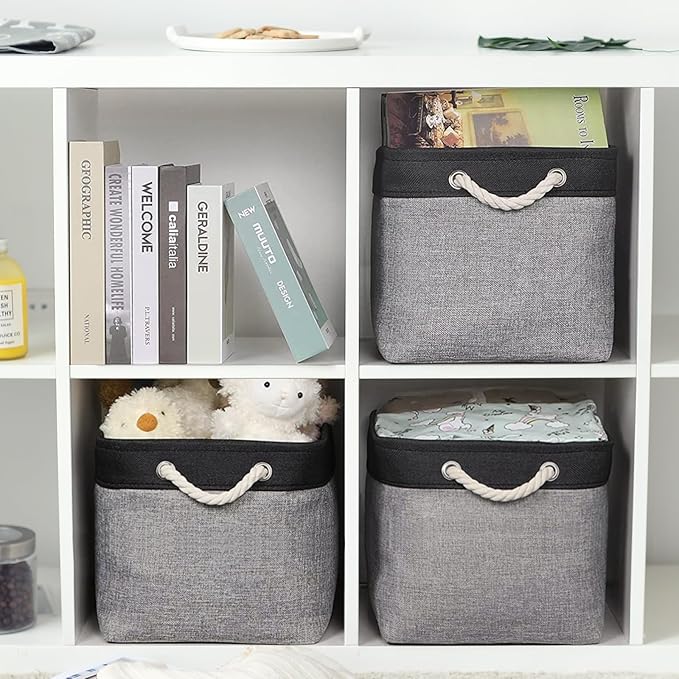 TheWarmHome Storage Basket for Organizing - 16x12x12 inch Cube Storage bin 3 Pack Fabric Storage Cubes, Collapsible Storage Box for Organizer Cloth Gift Toy Closet (Black & Grey)