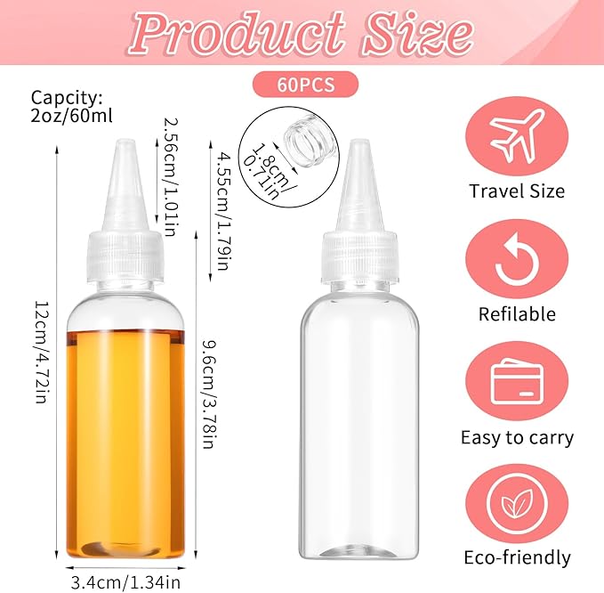 60 Pcs 2 oz (60 ml) Plastic Hair Squeeze Bottle with Twist Cap - Refillable Applicator Bottle for Hair Oils, Dyes & Liquids, Includes 2 Funnels (Clear, 4.72 x 1.34 inches)