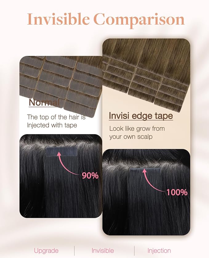 GOO GOO Invisi Edge Tape in Hair Extensions Human Hair, 3/8/613 Balayage Walnut Brown to Ash Brown and Bleach Blonde, 10pcs 18inch 25g, Virgin Remy Hair, Seamless Injected Tape, Natural Look