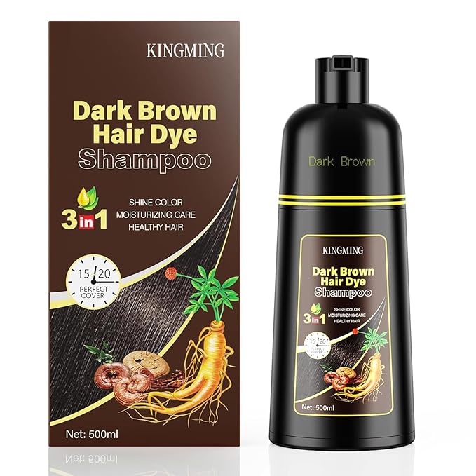 KINGMING Dark Brown 3 in 1 Hair Dye Shampoo for Gray Coverage, Herbal Ingredients for Men and Women, 500ml (Dark Brown)