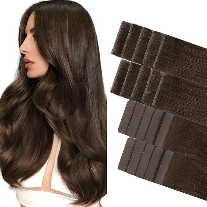 GOO GOO Invisi Edge Tape in Hair Extensions Human Hair, 4A Chocolate Brown 10pcs injected with 10pcs classical tape ins, 12inch 40g, Virgin Remy Hair, Natural Look