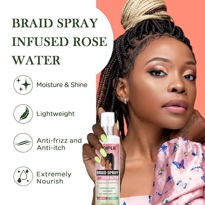 6.8 fl oz Braid Spray Rose Mint for Dreads, Dreadlocks, Locks Spray Rose Water for Itchy Scalp, Shine & Lightweight for Dull Hair Twists, Cornrows, Box Braids Moisturizer