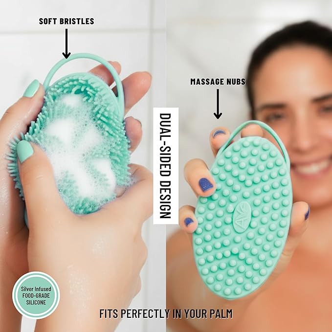 Silicone Body Scrubber for Shower - Gentle Exfoliating Back Scrubber with Soft Bristles - Avilana Premium Dual Sided Bath Brush Massage - Loofah Alternative for Sensitive Skin - Gift Women Men