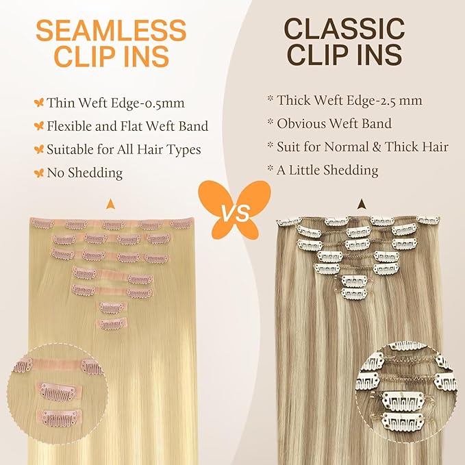 DOORES Seamless Clip in Hair Extensions, Dirty Blonde Mixed Platinum Blonde 130g 7pcs 18 Inch, Real Human Hair Extensions Remy Straight Thick Hair Invisi Edge Hair Extensions