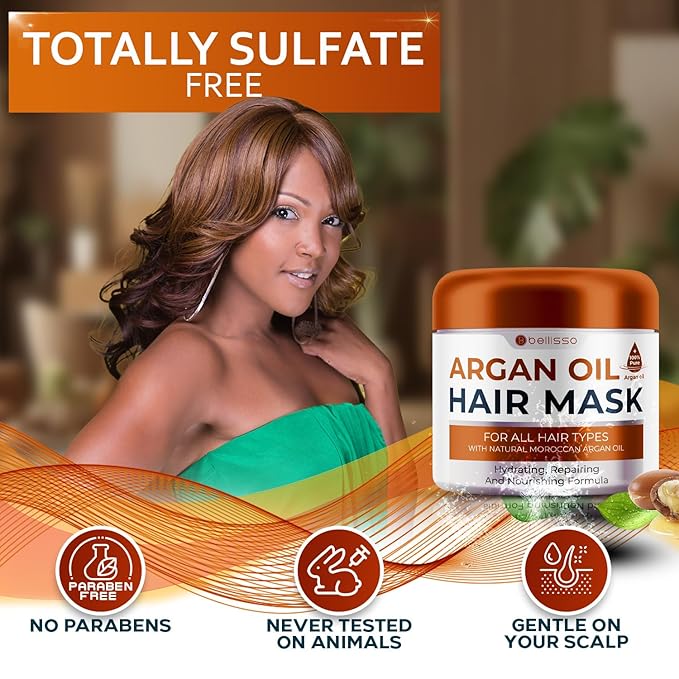 Moroccan Argan Oil Mask - Deep Conditioning Moisturizer for Dry, Extremely Damaged Hair - Hydrating Repair Treatment for Split Ends - With Collagen and Keratin for Curly, Frizzy and Color Treated Hair