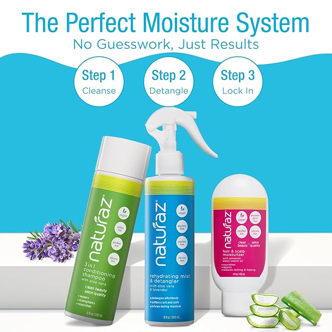 3-Step Moisture Burst System for Tight Curls & Coils with Curly Hair Shampoo, Leave In Conditioner Spray & Hair & Scalp Moisturizer – Softens Dry Hair, Detangles, Boosts Growth & Soothes Scalp