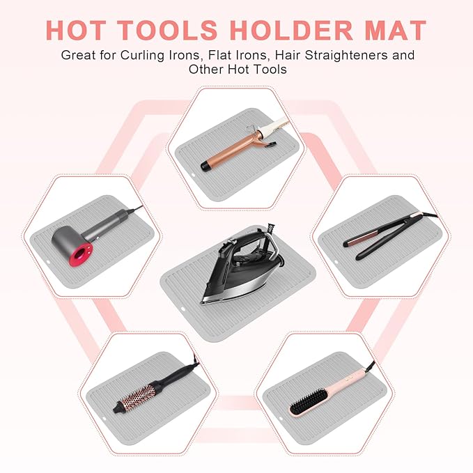 AMIJEAL Oversize Silicone Heat Resistant Mat for Hair Tools, Curling Iron Flat Iron Hair Straightener Holder Mat, Portable Hot Tools Cover Pad for Travel Vanity Salon(14.2" x 11.0")