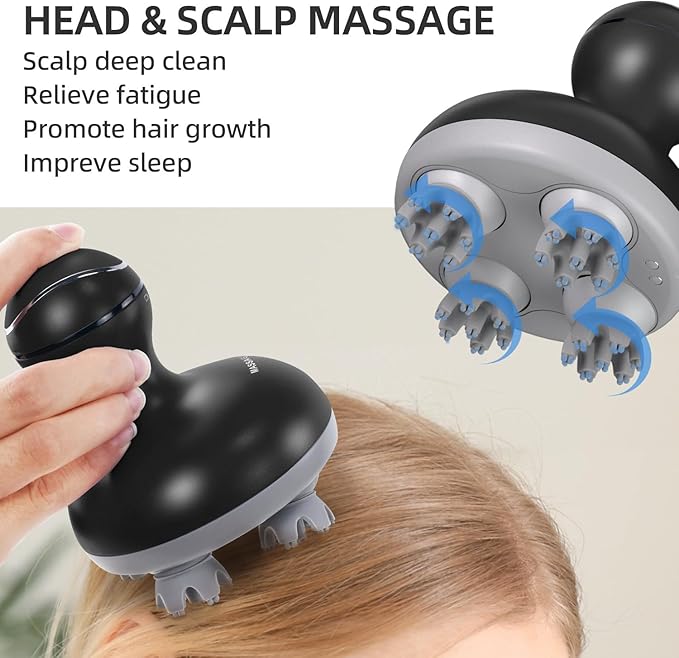 cotsoco Electric Scalp Head Massager, Scalp Hair Massage Waterproof Head Massager with 4 Heads 84 Nodes for Hair Growth and Stress Release Massage Black