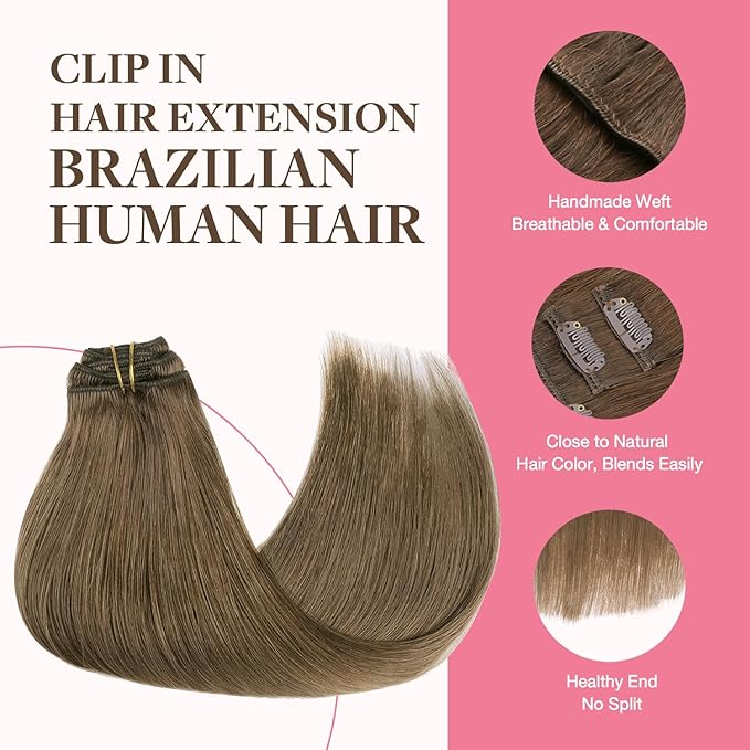 GOO GOO Clip in Hair Extensions Real Human Hair, Remy Human Hair Extensions Clip ins for Women, Natural Human Hair, 16inch 150g 9Pcs, 5 Light Ash Brown
