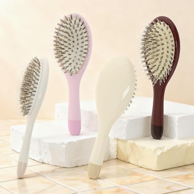 Boar Bristle Hair Brush -boar bristles + nylon pins， Smoothes & Detangles All Hair Types, Hairbrush for Women, Men & Kids, Distributes Oils for Natural Shine & Stimulates Scalp