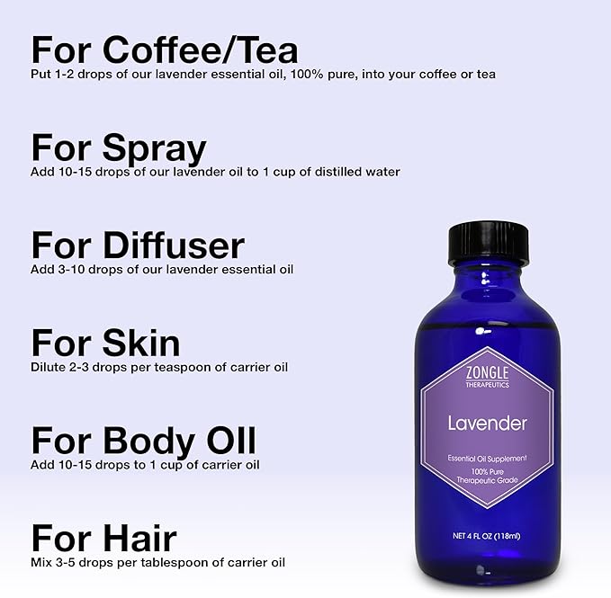 Lavender Essential Oil, Food Grade, for Drinks, Skin, Hair – 100% Pure, Lavender Oil, by Zongle Therapeutics, 4 OZ