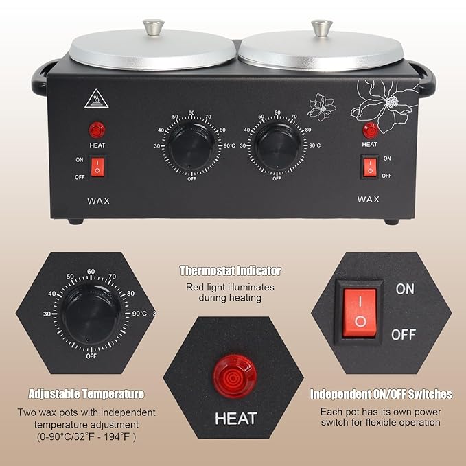 Wax Warmer Double Pot, Professional Electric Heater for Facial, Body, Spa, and Salon, 1.2L Dual Adjustable Temperature with 100 Wooden Craft Sticks, Hair Removal (Black)