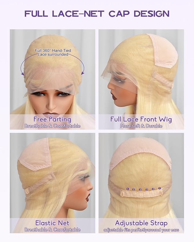 Real Full Lace Human Hair Wigs 613 Lace Front Wig Human Hair 180 Density Body Wave HD Full Lace Blonde Wig Plucked Bleached Knots Breathable Full Scalp Wig for Women 20Inch