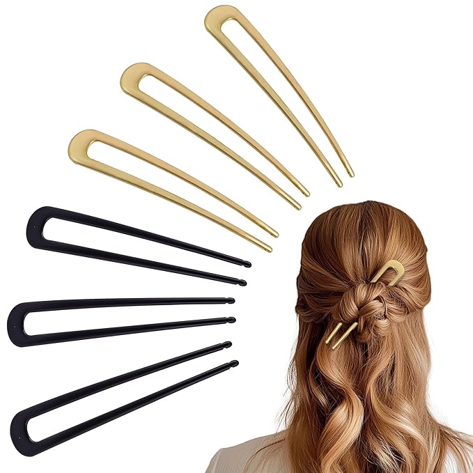6Pcs Metal French Hair Pins for Women U Shape Sticks 3.9 Inch Vintage Fork for Hairstyle Accessories(Black/Gold)