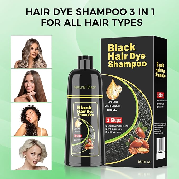 Black Hair Dye Shampoo for Woman & Man, Argan Hair Color Shampoo 3 in 1, Semi-Permanent Gray Hair Coverage, Mild Formula, Lasts 30 Days(16.90 oz)