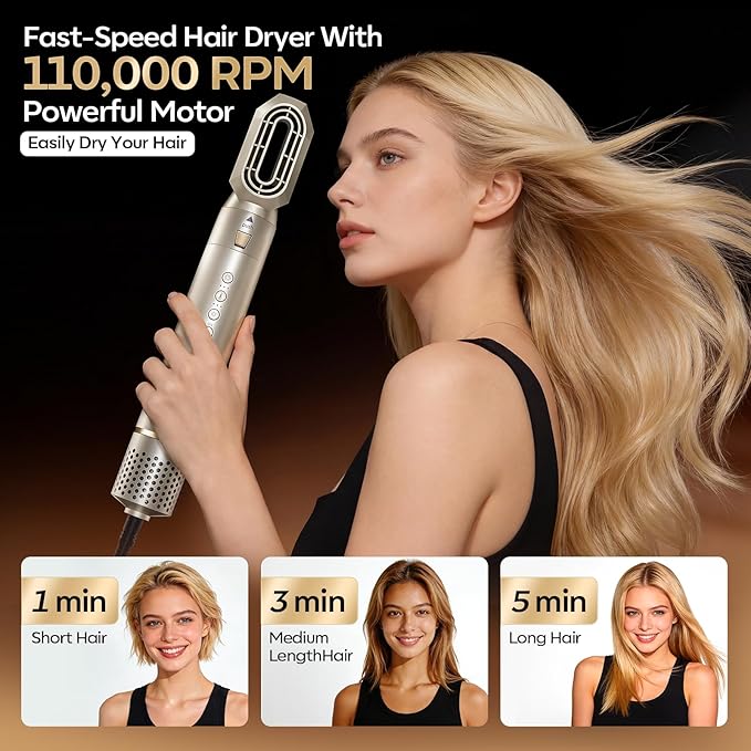 8-in-1 Dual Voltage Hot Air Styler & Hair Dryer Brush for Fast Drying, Frizz-Free Styling, with Straightener & Curler, 110,000 RPM, Includes Travel Bag