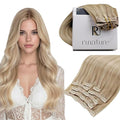RUNATURE Blonde Clip in Hair Extensions Human Hair, Real Hair Extensions Clip Ins, Highlight Remy Natural Looking, Soft Hair Double Weft Clip Ins Human Hair 16 Inch 120g 7pcs #16P22 Beige Blonde