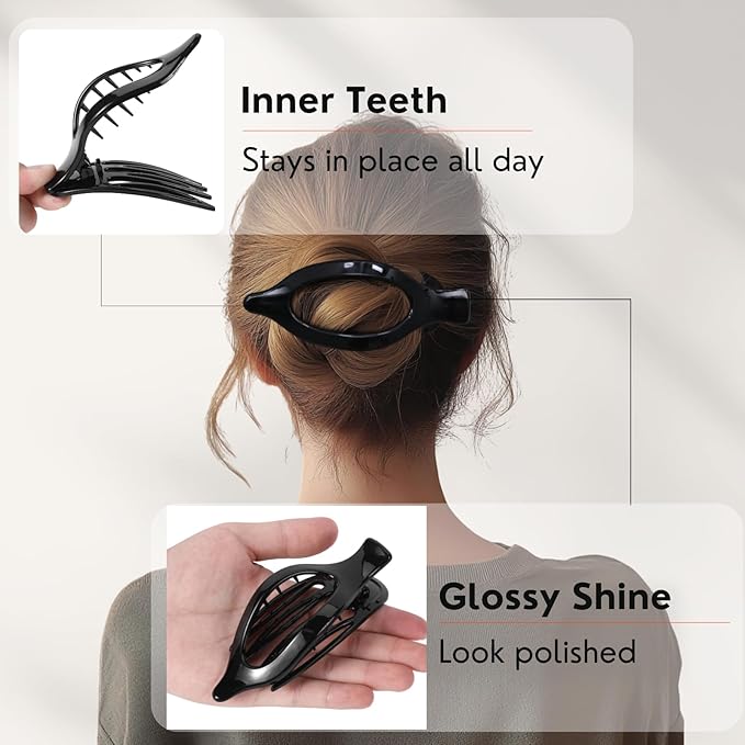 8 Pack Glossy Black and White Flat Hair Clips – High-Shine Claw Clips for Women, Non-Slip Strong Hold Hair Accessories for Daily Styling, Minimalist Fashion Clips for Work or School