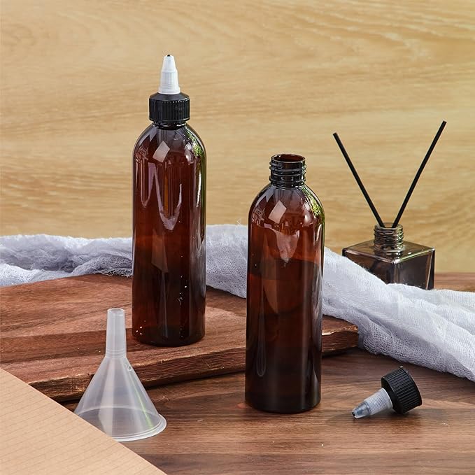 Barydat 72 Pcs 8 oz Squeeze Bottle Twist Top Applicator Bottles Empty Hair Oil Bottle with Funnels Refillable Amber Plastic Bottles for Liquid Hair Oil Shampoo Lotion