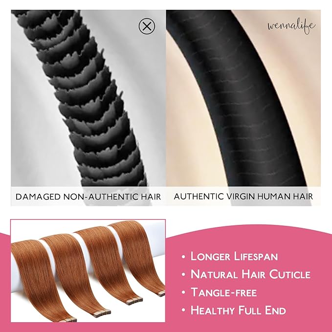 WENNALIFE Tape in Hair Extensions Human Hair Dirty Ginger Tape in Extensions, 10pcs 20g 10 inch Remy Invisible Tape Ins Straight Colored Soft Real Human Hair Tape in Extensions Refill Set Extensions