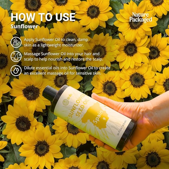 Sunflower Carrier Oil (4Gal) - Direct from EIR Oils' Farmland in the Sunny Fields of Spain - 100% Pure Carrier Oil for Hair, Face, and Skin