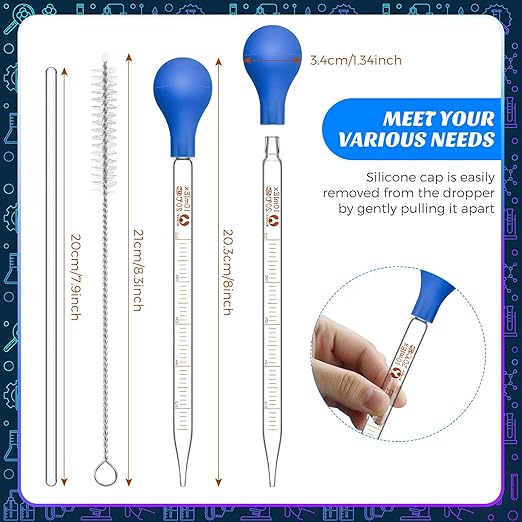 Weewooday Glass Droppers Pipettes Graduated Lab Dropper Glass Liquid Pipette with Big Rubber Hats 20 cm Stir Rod Washing Brush Transfer for Liquid Essential Oil(8 Pieces,Blue,10 ml)