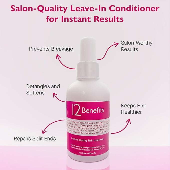 12 Benefits Leave-In Conditioner Spray – Instant Healthy Hair Treatment, Anti-Frizz, Detangles, Strengthens & Repairs, Heat Protection with Quaternium 39 & Silk Fibre Protein, 6 Fl Oz